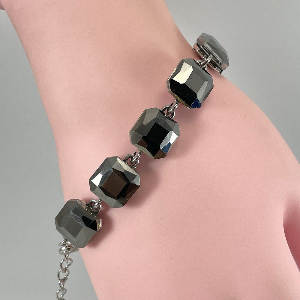 Silver Tone Smoke Dark Gray Glass Rhinestone Chain Tennis Bracelet Bling Boho